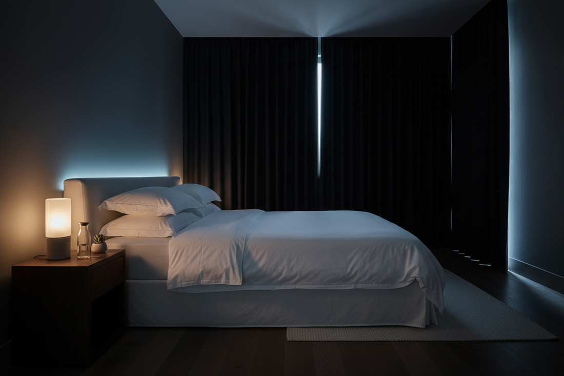 Serene dark bedroom with blackout curtains fully closed, cool ambient lighting, and neatly made bed representing an optimized adult sleep environment