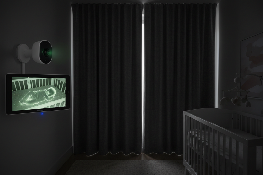 Baby monitor mounted on nursery wall with blackout curtains and infrared night vision display showing sleeping infant