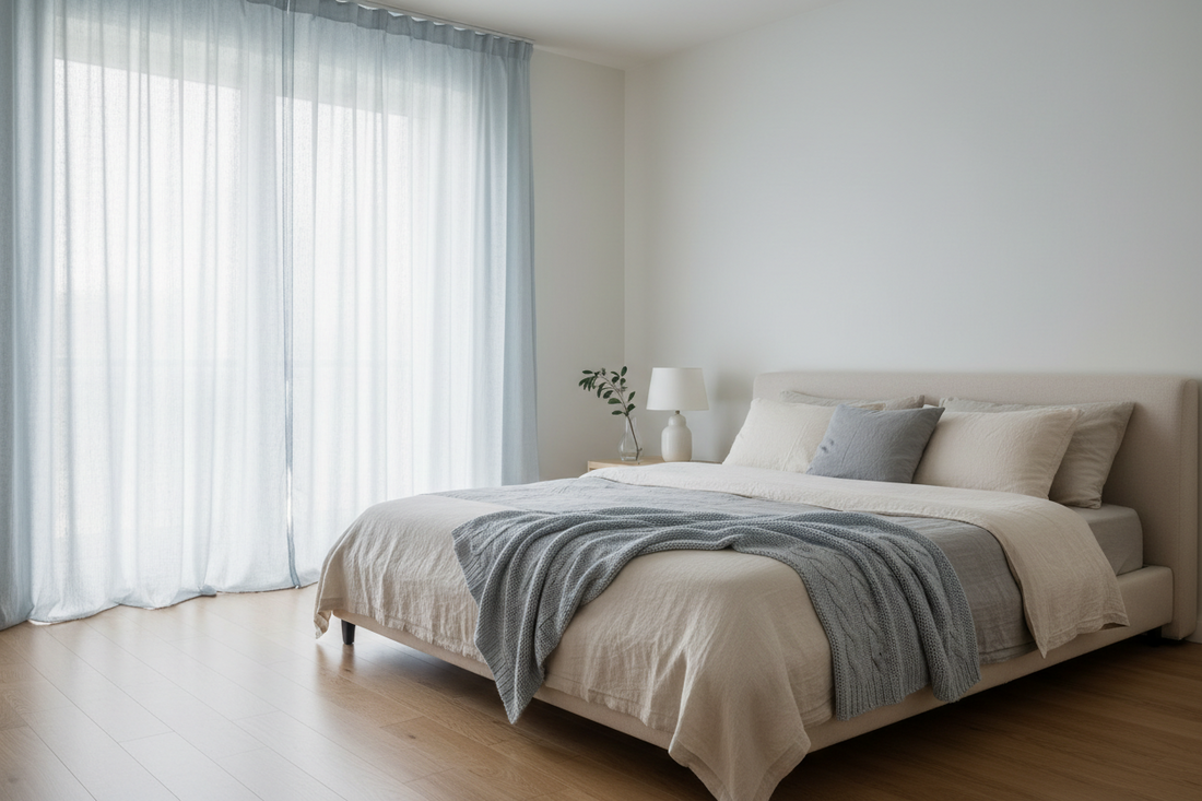 Serene small bedroom with light-colored floor-to-ceiling curtains in soft white, demonstrating how pale curtain colors create an airy, spacious atmosphere with natural light