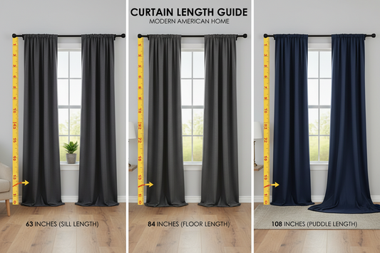 Educational guide showing different blackout curtain lengths 63, 84, and 108 inches on windows with measuring tape, demonstrating proper curtain length selection for American homes
