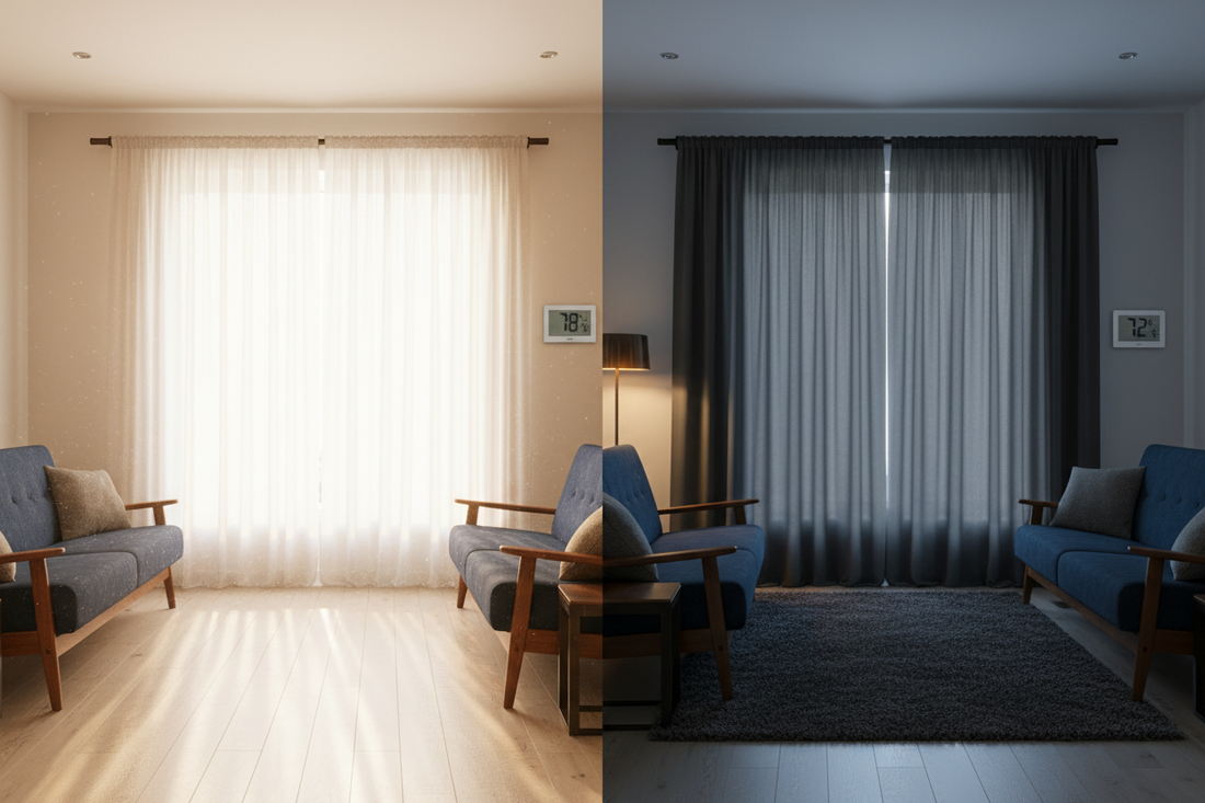 Side-by-side comparison of regular curtains versus blackout curtains showing energy savings, left room with sheer curtains and bright sunlight at 78°F, right room with thermal blackout curtains at comfortable 72°F demonstrating cost efficiency