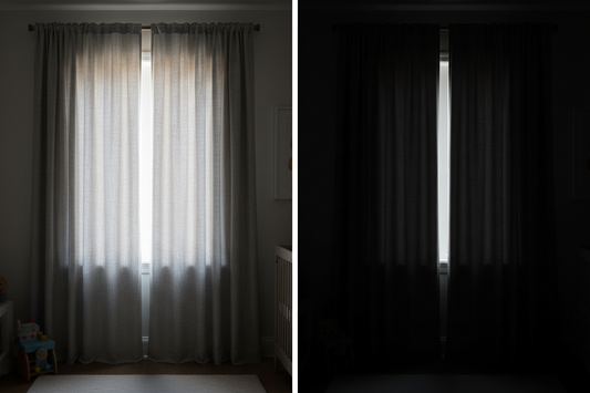 Side-by-side comparison of room darkening curtains blocking 80% of light versus blackout curtains blocking 99% of light in a nursery window, demonstrating the visible difference in light control performance