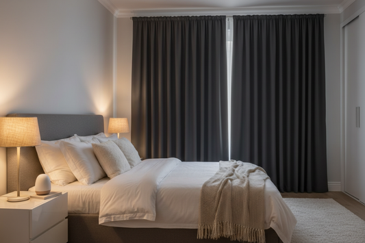 Serene bedroom with blackout curtains creating the perfect sleep environment