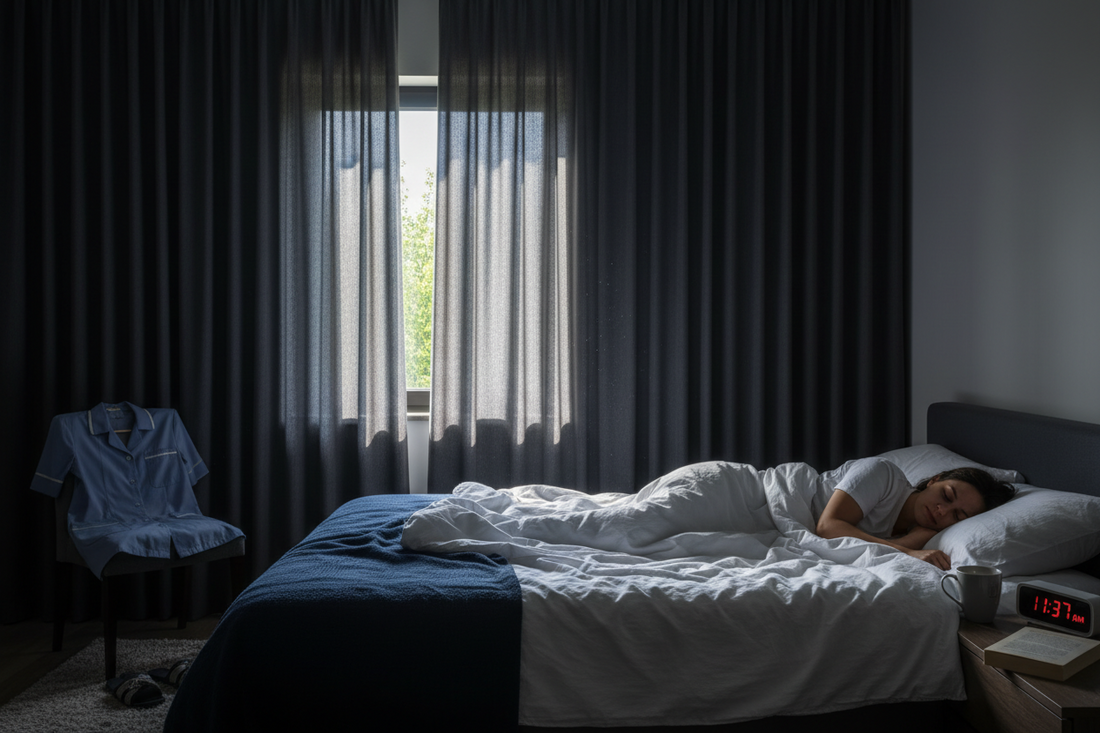 Night shift worker sleeping peacefully during daytime in dark bedroom with blackout curtains partially open showing bright sunlight outside, alarm clock displaying daytime hours, work uniform visible on chair