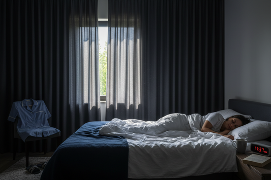 Night shift worker sleeping peacefully during daytime in dark bedroom with blackout curtains partially open showing bright sunlight outside, alarm clock displaying daytime hours, work uniform visible on chair