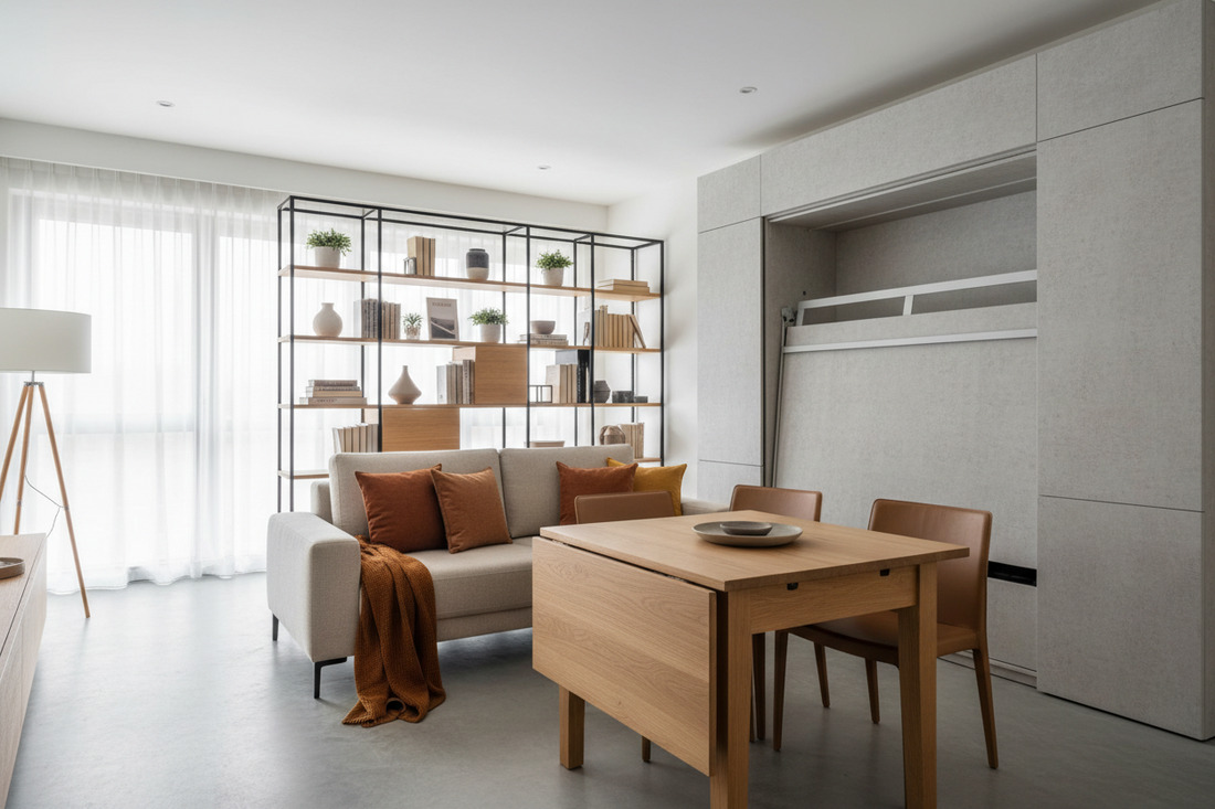Modern small apartment living room featuring convertible furniture including Murphy bed, sofa bed, expandable dining table, and modular shelving demonstrating multi-functional space-saving solutions