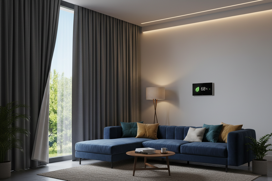 Modern living room with thermal insulated blackout curtains blocking sunlight, showing energy-efficient home interior with comfortable ambient lighting and thermostat
