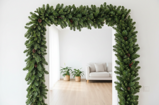 Evergreen garland elegantly draped over white door frame using damage-free hanging methods
