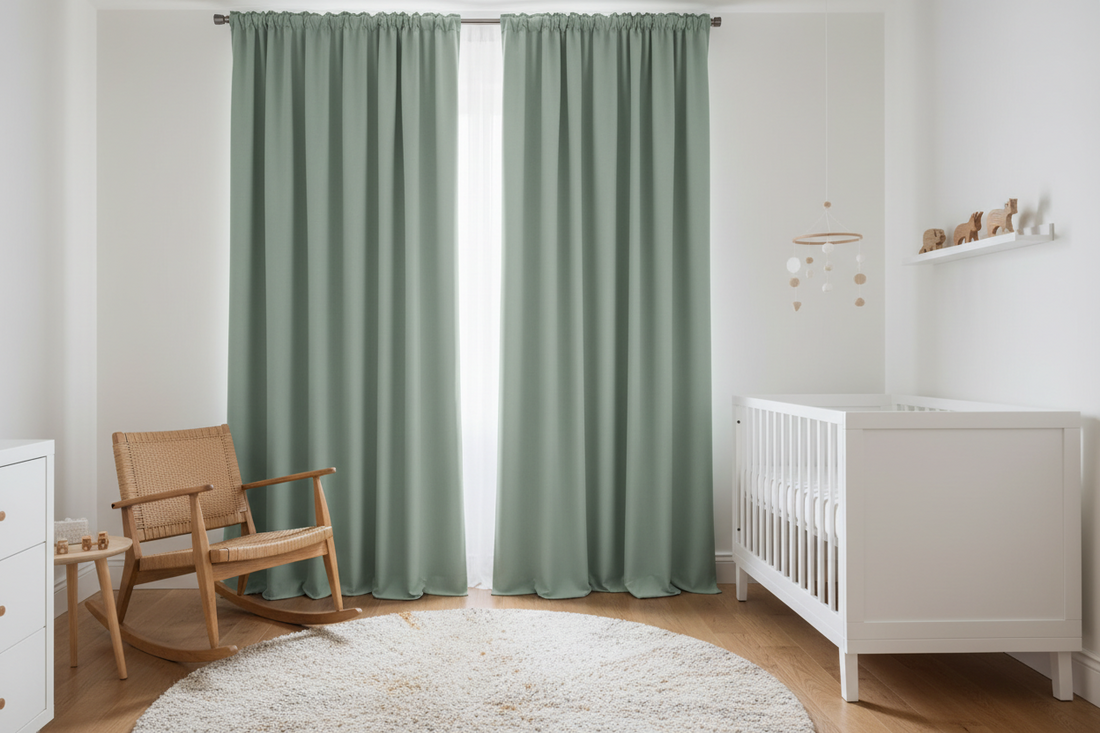 Modern gender-neutral nursery featuring elegant sage green blackout curtains with white furniture and natural wood accents