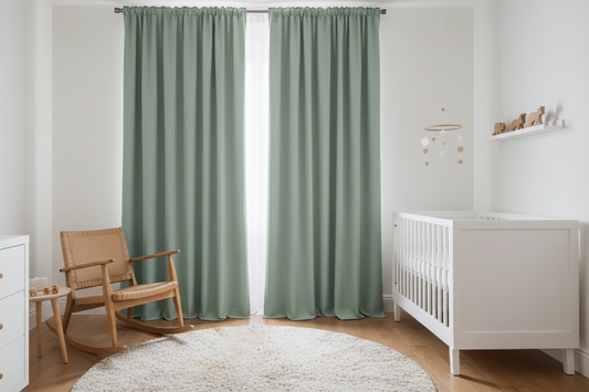 Modern gender-neutral nursery featuring elegant sage green blackout curtains with white furniture and natural wood accents