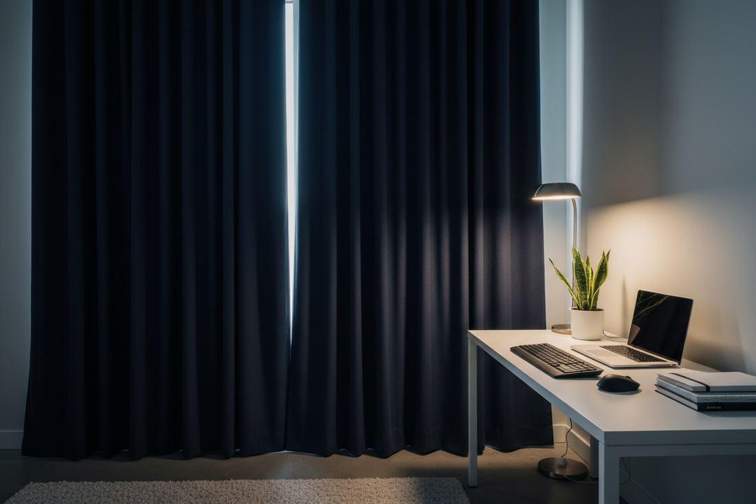 Modern home office with navy blackout curtains, minimalist desk, warm lamp lighting, and indoor plant for a calm and productive remote work environment