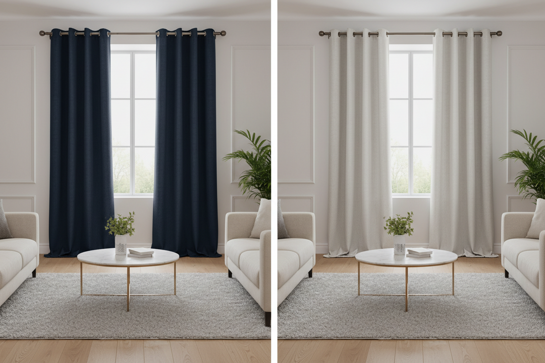 Side-by-side comparison of navy blue and greyish white blackout curtains in modern living rooms showing the visual impact and atmosphere created by each curtain color