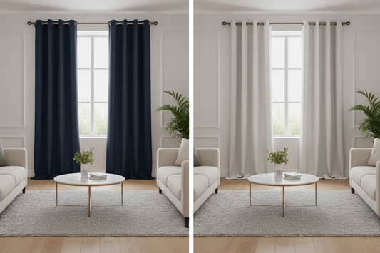 Side-by-side comparison of navy blue and greyish white blackout curtains in modern living rooms showing the visual impact and atmosphere created by each curtain color