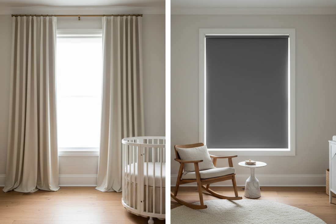 Side-by-side comparison of blackout curtains and shades in a premium nursery setting