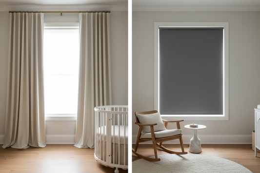 Side-by-side comparison of blackout curtains and shades in a premium nursery setting