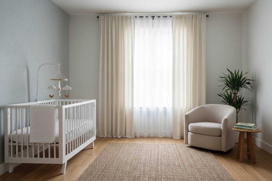 A modern nursery with cordless blackout curtains on a sunlit window, ensuring a safe and peaceful sleep environment for babies.