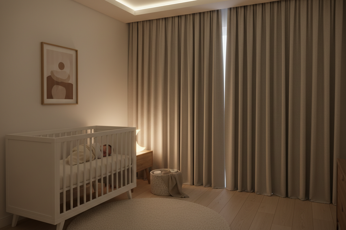 Premium blackout curtains in modern nursery with white crib creating optimal sleep environment for baby transitioning from bassinet