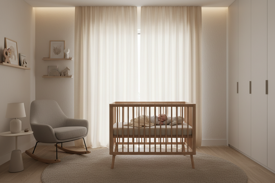 Premium nursery with elegant blackout curtains blocking bright morning sunlight, creating a peaceful sleep environment for baby