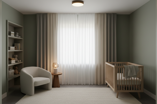 Modern nursery featuring premium blackout curtains and layered dimmable lighting for optimal baby sleep environment