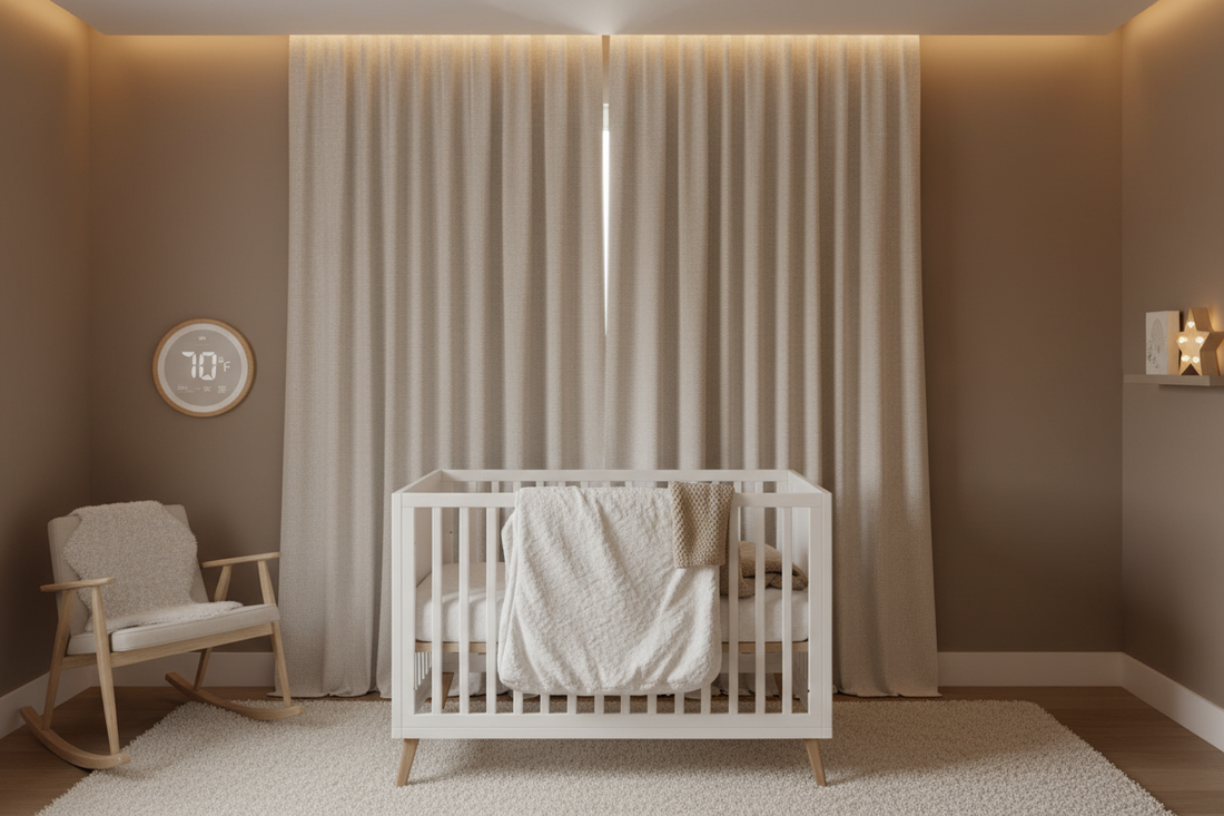 Peaceful nursery room with premium blackout curtains maintaining optimal 70°F temperature for safe baby sleep, featuring modern crib and temperature monitoring