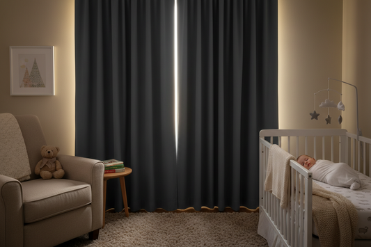 Peaceful baby sleeping soundly in nursery crib with premium blackout curtains blocking daylight during daylight savings time transition