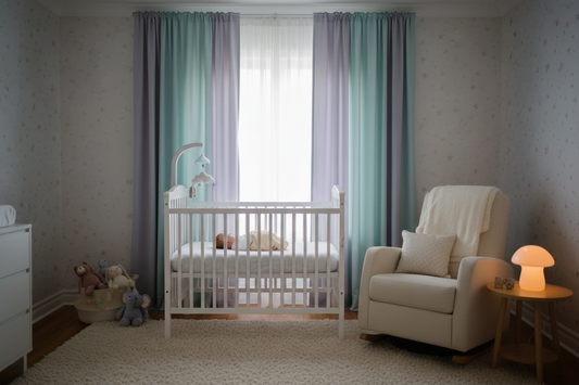 Peaceful nursery room with soft pastel blackout curtains creating complete darkness for baby sleep, featuring wooden crib, rocking chair, and warm nightlight in safe, cozy environment