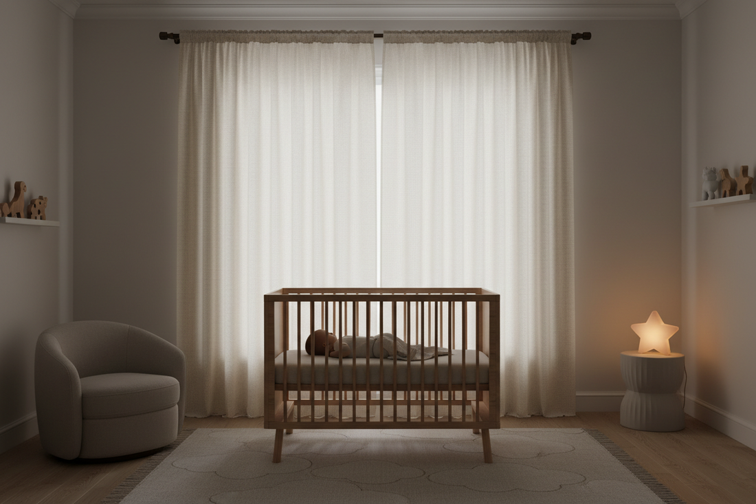 Peaceful nursery with premium blackout curtains creating optimal dark sleep environment for baby