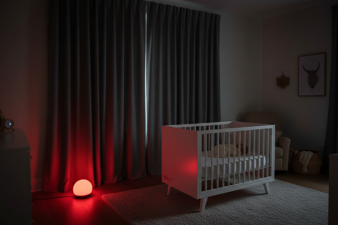 Dark nursery room with premium blackout curtains and sleeping baby in crib with dim red nightlight