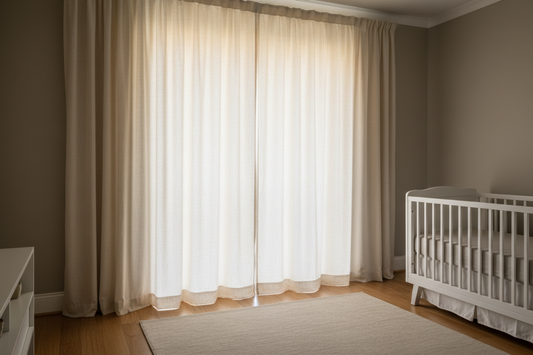 Premium noise reduction blackout curtains in a peaceful nursery setting, demonstrating sound-blocking window treatment for baby sleep environment