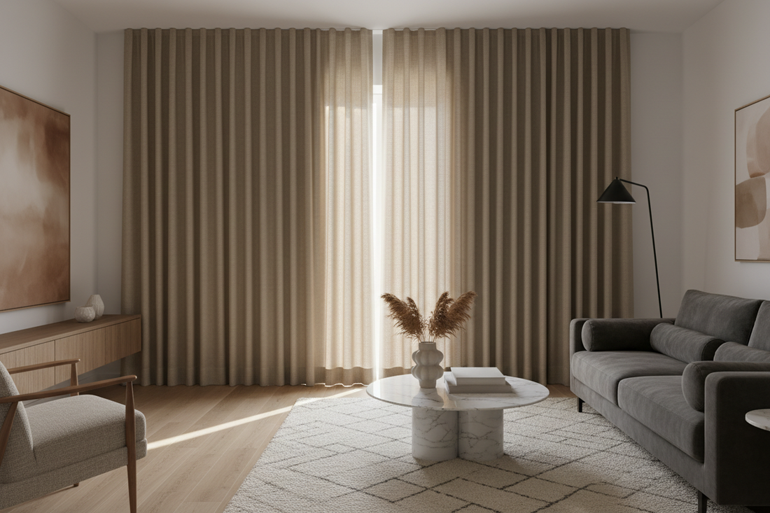 Elegant blackout curtains in a modern living room showcasing energy efficiency, UV protection, and premium style for home comfort and privacy