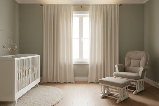 Premium nursery room featuring properly installed floor-length blackout curtains on standard window