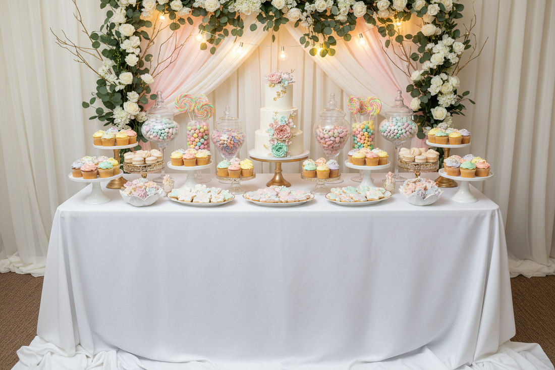 Professional dessert table setup with tiered white cake centerpiece, cupcakes on varying height cake stands, colorful candy in glass jars, and elegant floral decorations with soft lighting for party celebration