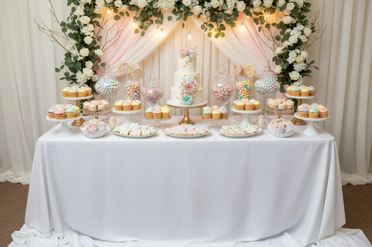 Professional dessert table setup with tiered white cake centerpiece, cupcakes on varying height cake stands, colorful candy in glass jars, and elegant floral decorations with soft lighting for party celebration