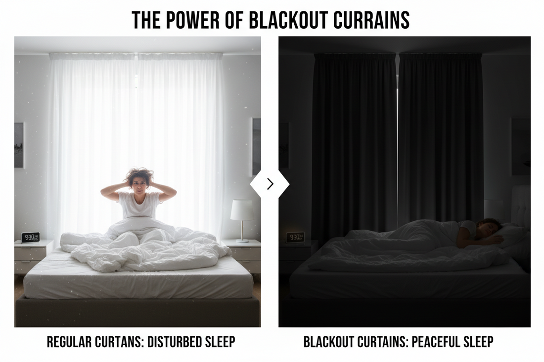 Split screen comparison showing bedroom with regular curtains and bright daylight versus same bedroom with blackout curtains in complete darkness for better sleep
