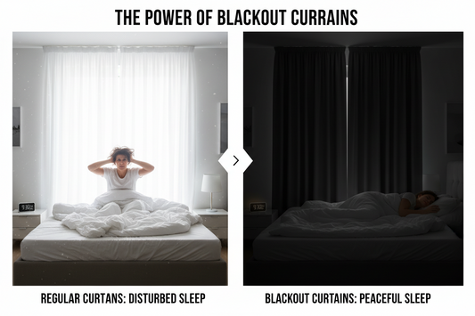 Split screen comparison showing bedroom with regular curtains and bright daylight versus same bedroom with blackout curtains in complete darkness for better sleep