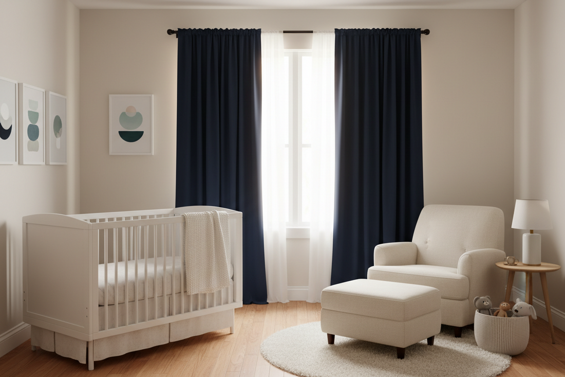 Safe nursery setup with cordless blackout curtains properly installed above window, crib positioned away from window treatments following child safety guidelines