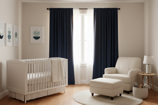 Safe nursery setup with cordless blackout curtains properly installed above window, crib positioned away from window treatments following child safety guidelines