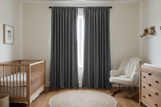 Safe nursery room with cordless blackout curtains and crib positioned away from window