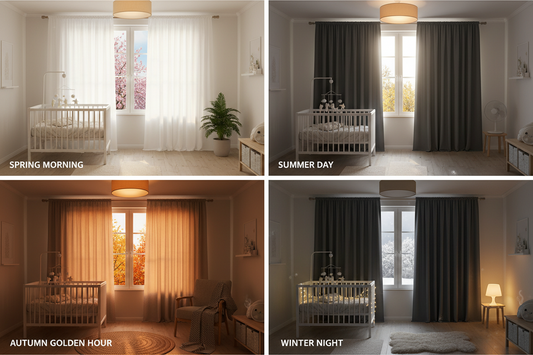 Modern nursery with premium blackout curtains showing seasonal light control throughout the year