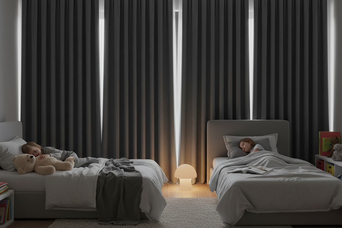 Peaceful shared children's bedroom with premium blackout curtains creating optimal sleep environment
