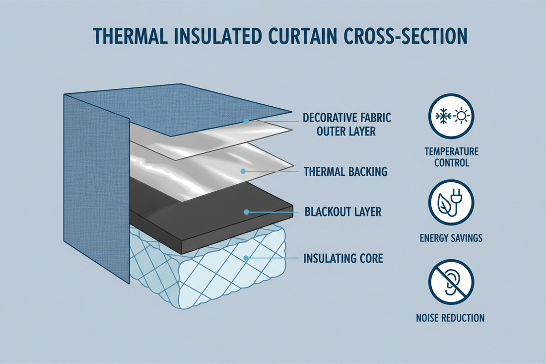 Thermal insulated curtain cross-section diagram showing four layers: decorative fabric outer layer, thermal backing, blackout layer, and insulating core with icons indicating temperature control, energy savings, and noise reduction benefits