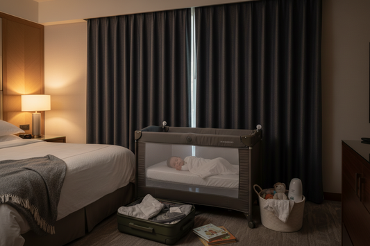 Baby sleeping peacefully in hotel room with portable blackout curtains installed on window