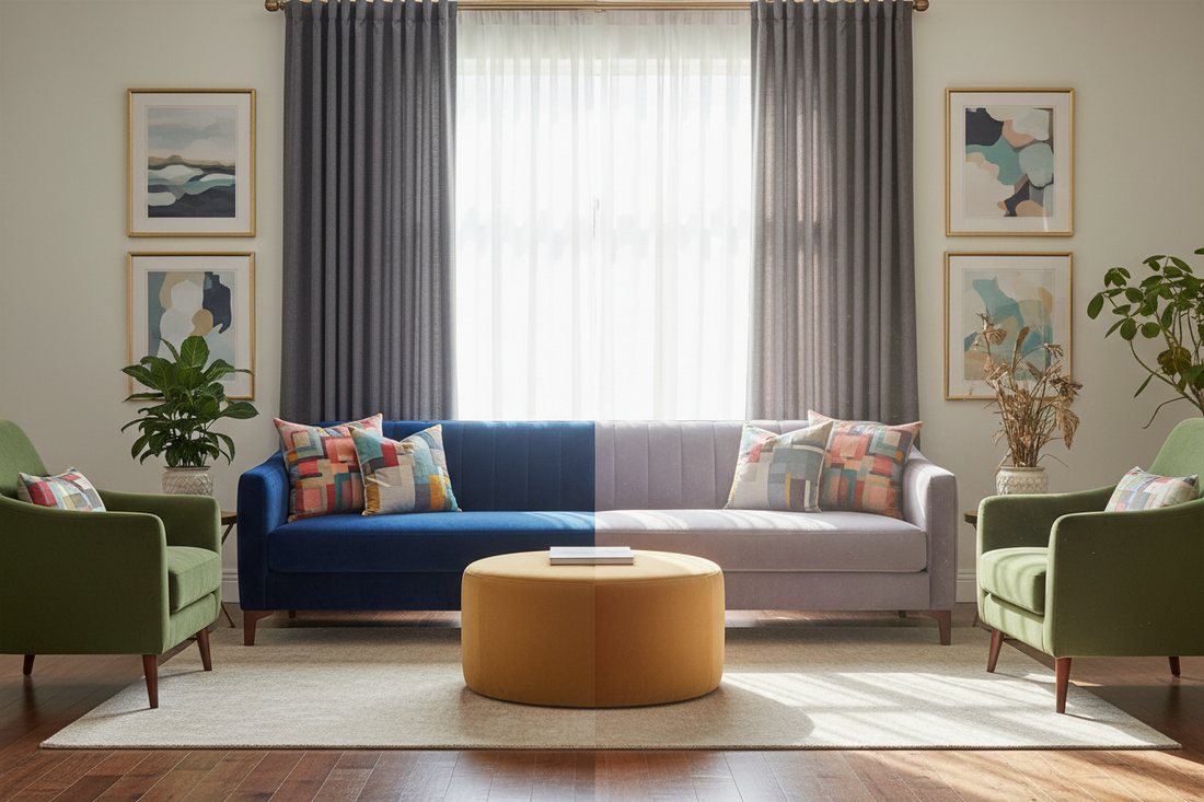 Side-by-side comparison of living room furniture showing UV protection benefits: vibrant protected furniture with blackout curtains versus faded sun-damaged furniture, demonstrating the importance of UV protection for home furnishings